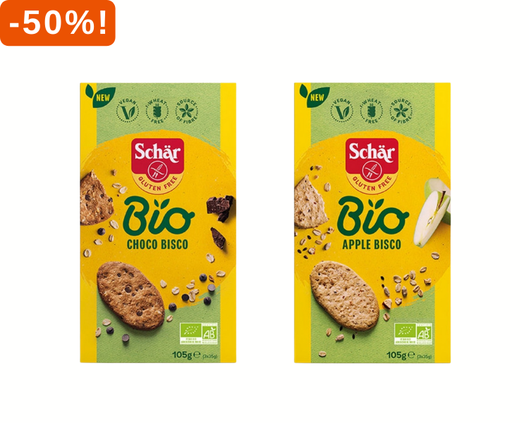 Schär choco en apple Bisco 50% korting!
