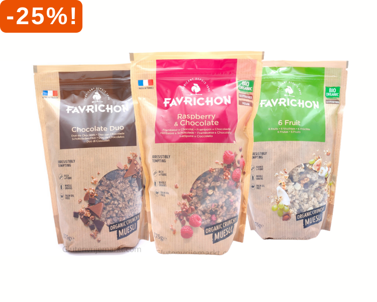 25% korting op alle Glutenvrije Muesli's van Favrichon.